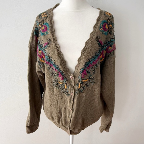 Vintage Sweaters - Vintage Hand Embroidered Floral Cardigan Medium Petite Boho Woodland Cottage